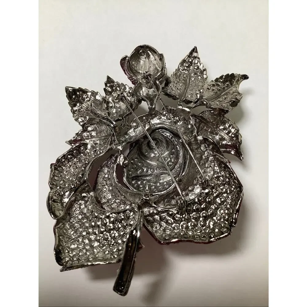 Vintage Pink Rose Flower Green Leaf Rhinestone Crystal Statement Brooch F15-22